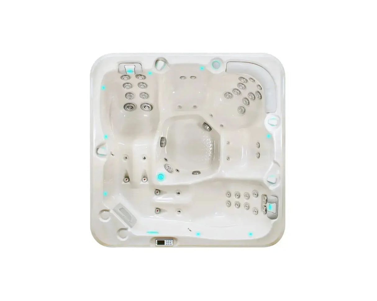 Witte 5-persoons jacuzzi met geïntegreerde zit- en ligplaatsen voor swimspa en jacuzzi buiten.