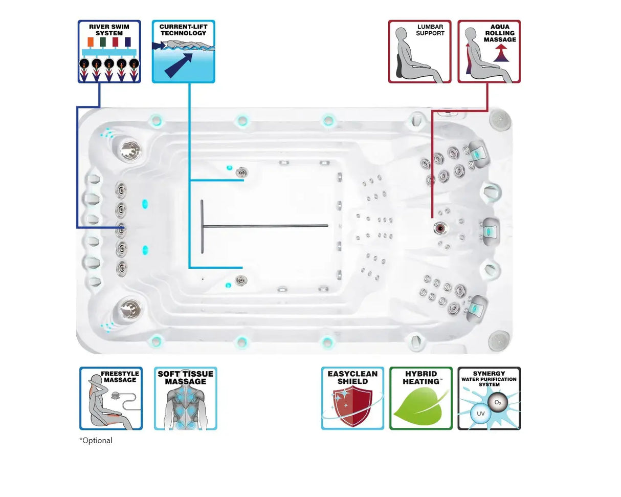 Witte zwemspa met zit- en ligplaatsen, meerdere jets en speakers, ideale jacuzzi buiten en swimspa voor sportief gebruik.