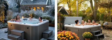Mensen genieten van een warme spa in de winter en in de herfst