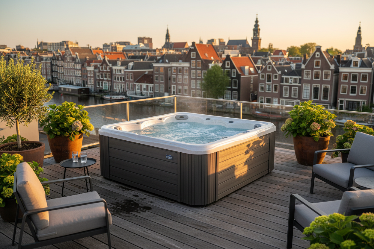 compacte spa op dakterras met uitzicht op stad