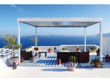 Witte lamellen overkapping Milano boven terras met zitmeubilair, perfect voor jacuzzi buiten en swimspa plekken.