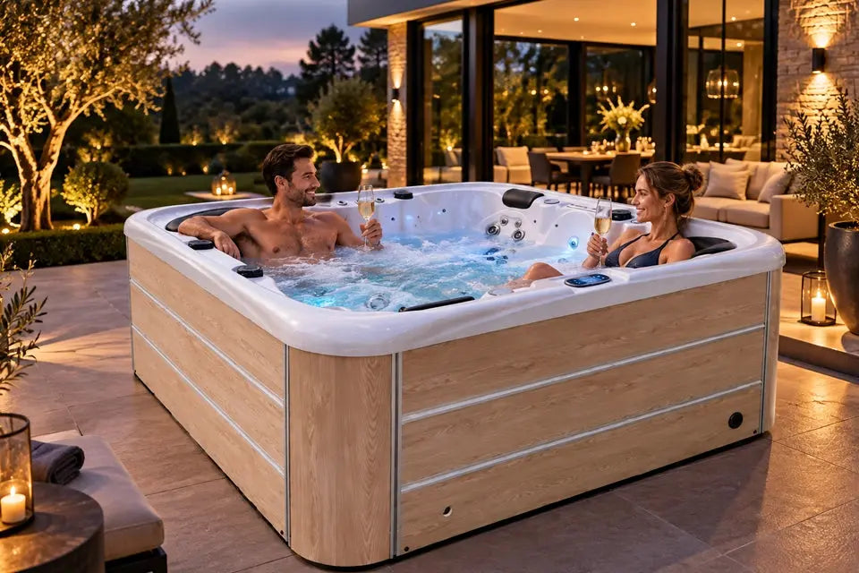 Tropic Spas Key Largo mit zwei Personen im beleuchteten Wasser auf einer Terrasse am Abend, mit hellbraunen Außenpaneelen in Holzoptik.