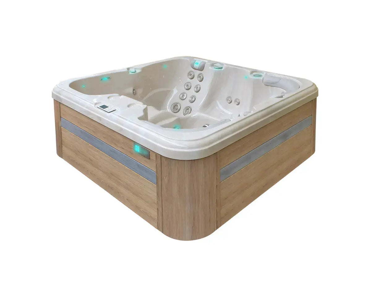 5-persoons jacuzzi buiten met houtlook bekleding en comfortabele zitplaatsen voor swimspa en zwemspa plezier.
