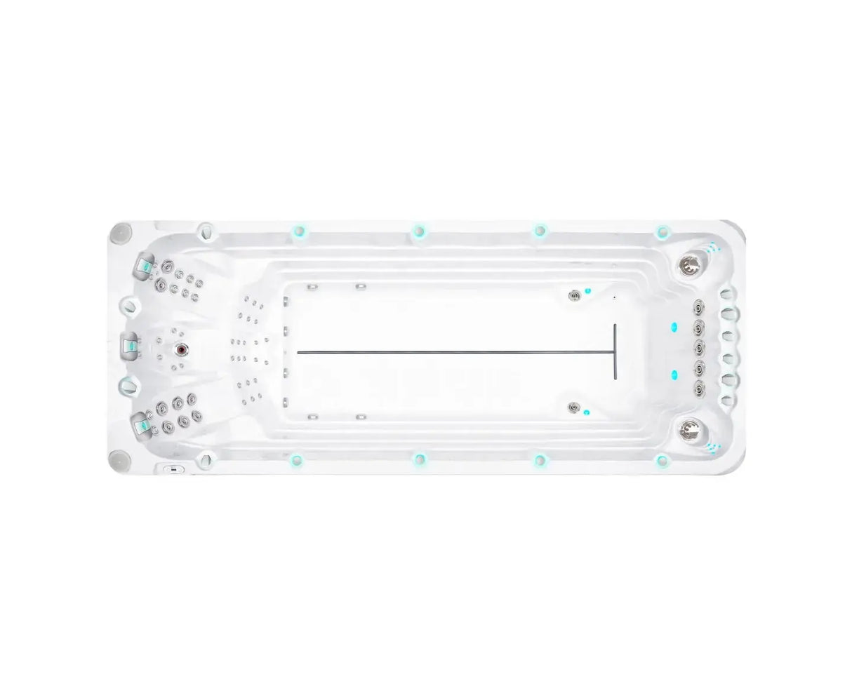 Witte zwemspa met zitplaatsen en jets, modern ontwerp voor jacuzzi buitengebruik, swimspa ideal voor sport en ontspanning,.