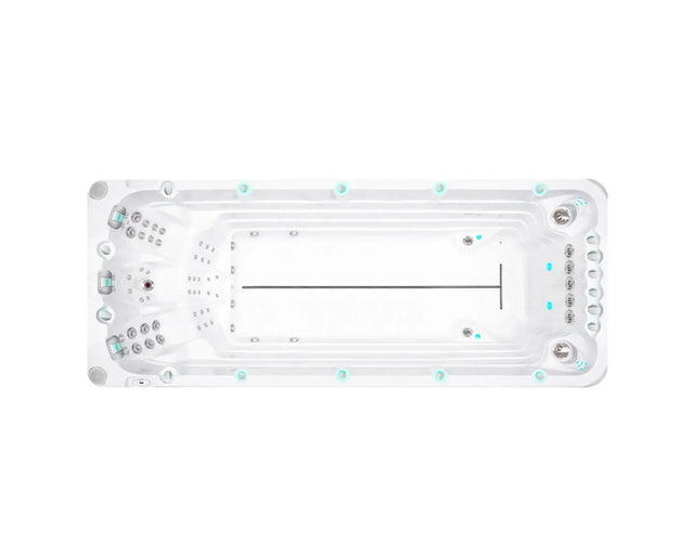 Witte zwemspa met geïntegreerde jets en zithoeken, ideale jacuzzi buiten voor zwemmen en ontspanning, perfect voor swimspa.