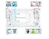 Witte zwemspa met zit- en ligplaatsen, meerdere jets en speakers, ideale jacuzzi buiten en swimspa voor sportief gebruik.