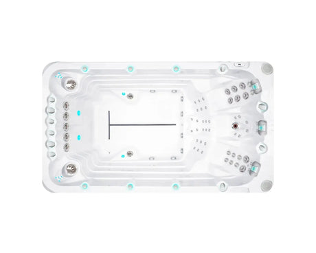 Witte zwemspa met meerdere jets en zitplaatsen, ideale jacuzzi buiten voor sport en ontspanning, swimspa voor zwemmen en.