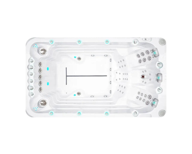 Witte zwemspa met meerdere jets en zitplaatsen, ideale jacuzzi buiten voor sport en ontspanning, swimspa voor zwemmen en.