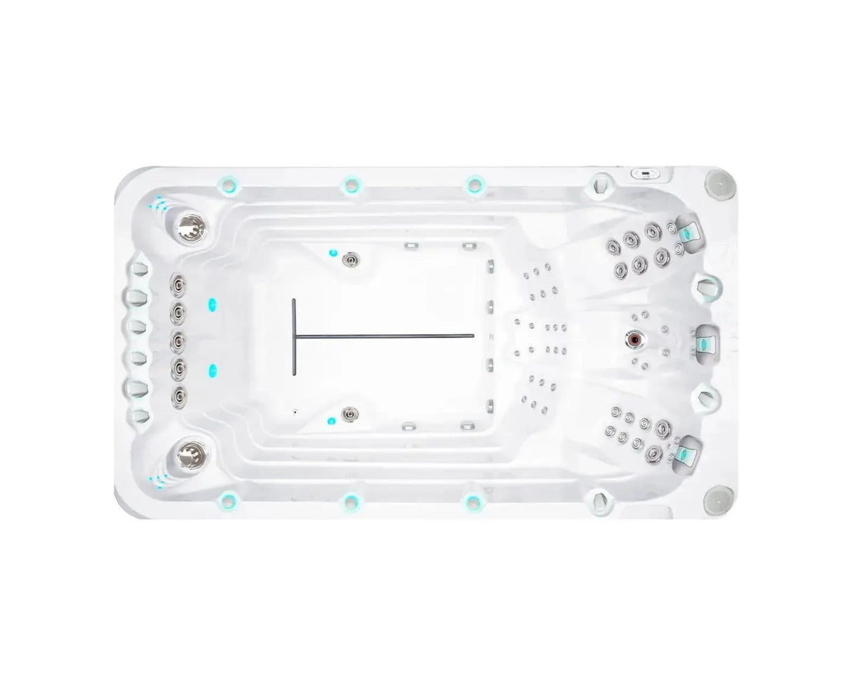 Witte zwemspa met stromingszones en zitplaatsen, moderne jacuzzi buiten voor sport en ontspanning.