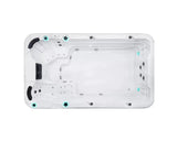 Witte zwemspa met stromingszones en zitplaatsen, moderne jacuzzi buiten voor sport en ontspanning.;;Witte zwemspa met zitplaatsen, straalmassages en compacte swimspa functies, ideaal als jacuzzi buiten.;