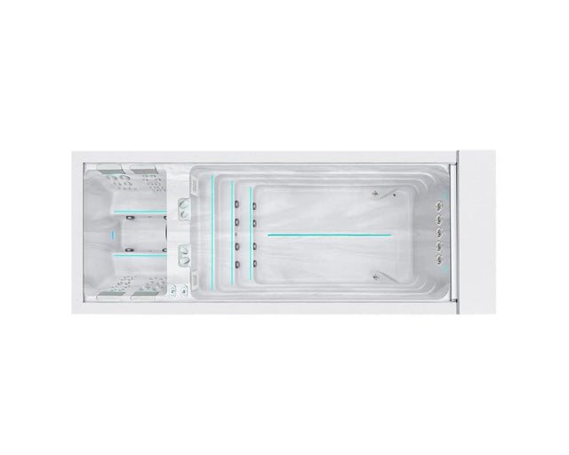 Witte zwemspa met zitplaatsen en liggedeelte, elegante jacuzzi buiten voor zwemmen en ontspanning.