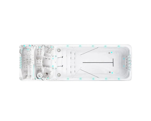 Witte zwemspa met ruime zwemgedeelte en massagejets, ideaal voor jacuzzi buiten en swimspa vakantie.