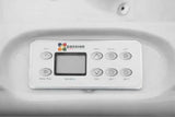 Wit bedieningspaneel voor jacuzzi met digitale display en knoppen voor zwemspa en jacuzzi buiten functies.