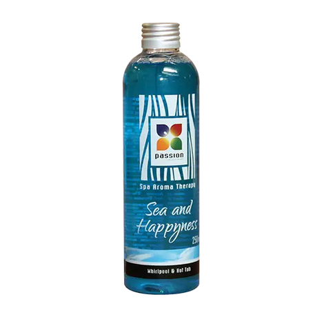 Transparante fles met blauwe aromatherapie-olie Sea and Happyness voor jacuzzi kopen of swimspa gebruik buiten.